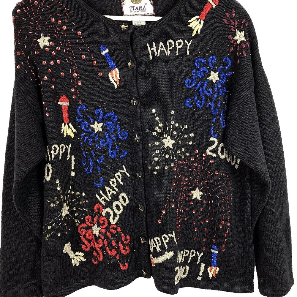 Tiara Sweater Cardigan Y2K Millennium Christmas Sweater New Year 2000 Size Large